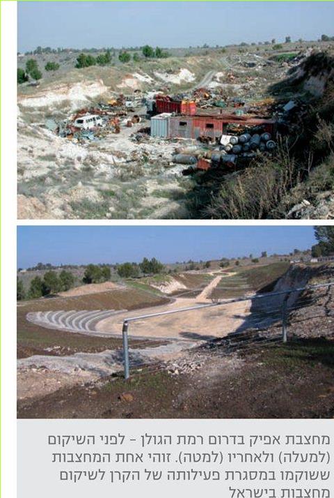 מחצבת אפיק בדרום רמת הגולן – לפני השיקום (למעלה) ולאחריו (למטה). זוהי אחת המחצבות ששוקמו במסגרת פעילותה של הקרן לשיקום מחצבות בישראל